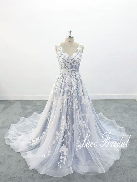 Wedding Dress Lace Wedding Dress, Open Back Wedding Dress V Neckline Wedding Dress Gorgeous Wedding Dress - Etsy V Neckline Wedding Dress, Lace Corset Wedding Dress, Blue Lace Wedding Dress, Light Blue Wedding Dress, Wedding Dress Open Back, Neckline Wedding Dress, Grey Wedding Dress, Open Back Wedding, Light Blue Wedding