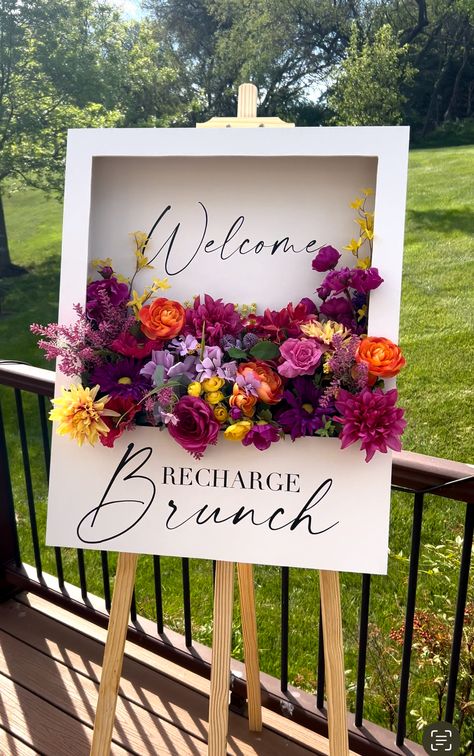 DIY Flower Box Welcome Sign - One Handy Momma Diy Welcome Sign Floral Arrangement, Welcome Floral Sign, Flower Box Wall Decor, Easy Diy Event Decor, Diy Flower Welcome Sign, Welcome Floral Box Sign, How To Make Flower Box Welcome Sign, Business Welcome Sign, Flower Board Decoration