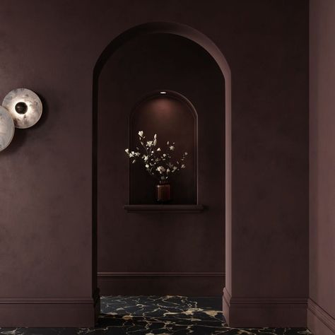 Plum Dining Room Walls, Purple Brown Paint Color, Aubergine Paint Color, Dark Purple Paint Colors, Dark Purple Bathroom, Aubergine Kitchen, Aubergine Paint, Dark Purple Paint, Dark Purple Wall