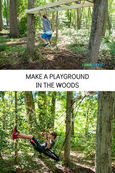 I turned the woods behind our house into this fun backyard playground but using the trees and stumps to build swings and other play equipment. #backyarddiy #diyplayground #backyardplayground #diybackyard Natural Playscapes Backyard, Pallet Jungle Gym Diy, Natural Playground In The Woods, Diy Jungle Gym Backyards Simple, Woods Play Area, Playground In The Woods, Natural Playground Backyard, Natural Playground Diy, Diy Outdoor Play Area For Kids