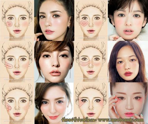 How to apply blush on Blush Make Up Looks, Japanese Blush Makeup, Blush Techniques Korean, Asian Blush Makeup, Blush Placement Face Shapes Korean, Blusher How To Apply, Korean Blush Placement, Korean Blush Tutorial, Blush Placement Korean