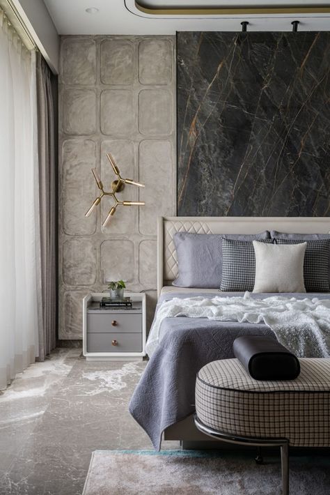 Look behind the luxe lifestyle of this quirky Mumbai home - Architect and Interiors India St Laurent Marble, Bedroom Design Modern Luxury, Institutional Design, Cot Design, Modern Luxury Bedroom Design, Bed Panel, Marble Bedroom, Luxe Living Room, Hotel Ballroom