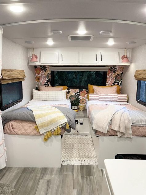 Camper Bedroom Wallpaper, Girly Rv Remodel, Camper Wallpaper Ideas, Rv Wallpaper Ideas, Camper Bedroom Ideas, Caravan Aesthetic, Rv Bedroom Ideas, Rv Wallpaper, Small Travel Trailer