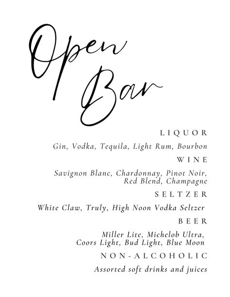 WEDDING BAR MENU SIGN! 🥂 🤍 Personalize your wedding bar menu using this fully-customizable template 🤍 Beautiful way to display menu options for your guests and can help speed up the line at the bar 🤍 Simple download link delivered with purchase for a seamless personalization process and built-in print options through Canva 🤍 Design assistance available from seller upon request Help Yourself Bar Wedding, Bar Setup Wedding, Wedding Bar Menu Ideas, Drink Menu Wedding, Wedding Drink Menu Sign, Wedding Bar Menu Sign, Bar Menu Sign, Black And White Wedding Theme, Engagement Dinner