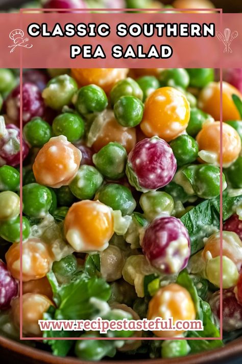 This Classic Southern Pea Salad is a creamy, flavorful dish featuring sweet peas, crunchy bacon, and a blend of seasonings. Perfect as a side for picnics, barbecues, or holiday gatherings, this salad is a crowd-pleaser that combines the richness of cheese and mayonnaise with the freshness of peas. Southern Pea Salad, Sweet Pea Salad, Southern Cuisine, Pea Salad, Quick Weeknight Meals, Sweet Peas, Classic Southern, How To Make Salad, Family Favorites