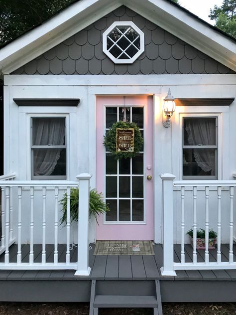 She Shed Cottage Shabby Chic, Nail Salon Shed Ideas, She Shed For Small Business, Shed Spa, Shed Boutique, Pink Pool House, She Shed Boutique Ideas, Girly Tiny House, She’d House