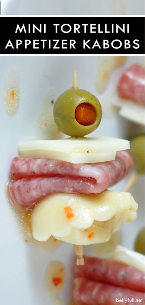 picture of tortellini, salami, cheese, and olive on a toothpick Italian Kabobs, Appetizers Tortellini, Tortellini Kabobs, Antipasto Appetizer, Gluten Free Puff Pastry, Mini Appetizers, Party Appetizers, Kebabs, Party Food Appetizers