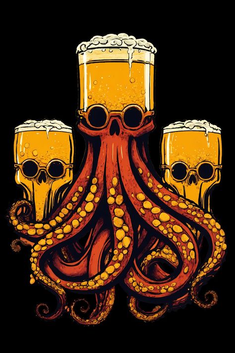 Beer Octopus T-Shirt - $22 - Buy Now Three beers, please! Beer Graffiti, Beer Vintage Illustration, Beer Funny Illustration, Beer Mug Illustration, Craft Beer Illustration, Beer Logo Design, Fish Drinking Beer, Kraken Logo, Beer Tattoos