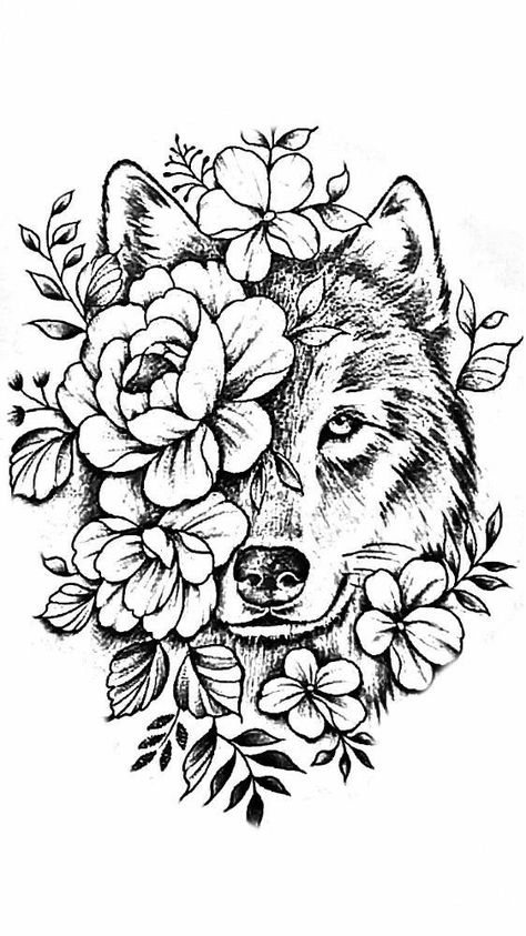 Wolf With Flowers Drawing, Wolf Tattoo Drawing Sketches, Wolf And Flowers Tattoo, Wolf Flower Tattoo, Chest Tattoo Flowers, Wolf Face Tattoo, Floral Skull Tattoos, Dream Catcher Coloring Pages, Beautiful Spine Tattoos