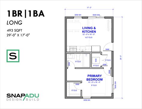 Snap ADU Floor Plan - 1 Bedroom ADU under 500 sqft - 29x17 Narrow 1 Bedroom Floor Plan, Granny Flat Floor Plans 1 Bedroom, 500 Sq Ft House Plans 1 Bedroom, 1 Bedroom Granny Flat Plans, 500 Sq Ft House Plans, Small Bedroom Layouts, Adu House, 500 Sq Ft House, Granny Flat Plans