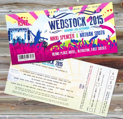 wedstock festival wedding invitation http://www.wedfest.co/wedstock-wedding-invites-customised-wristbands/ Festival Wedding Invitations, Wedding Ticket, Ticket Style, Festival Bride, Vip Card, Festival Theme, Ticket Design, Ticket Invitation, Wedding Pins