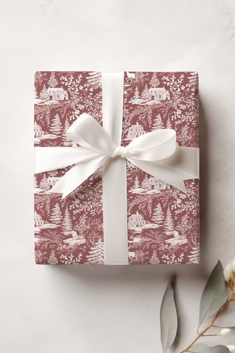 Red Christmas Toile Wrapping Paper: Red toile Wrap Xmas - Etsy White Wrapped Christmas Presents, Red And White Gift Wrapping, Christmas Toile Wrapping Paper, Red And Gold Gift Wrapping Ideas, Christmas Gift Wrapping Ideas Red, Classic Christmas Gift Wrapping, Pretty Ways To Wrap Christmas Gifts, Classy Wrapping Paper, Chic Wrapping Paper