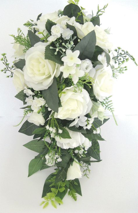 Cream Green Wedding, Silk Flower Wedding Bouquet, Silk Flower Bouquet, Silk Wedding Bouquets, Silk Flower Bouquets, Cascade Bouquet, Silk Flowers Wedding, White Wedding Flowers, Silk Flower Arrangements