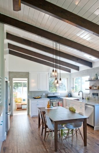 Wood Beams Ceiling, Dark Shiplap, Beams Ceiling, Decorative Ceiling Panels, Vaulted Ceiling Kitchen, Ranch Ideas, Shiplap Ceiling, Metal Room, Faux Beams