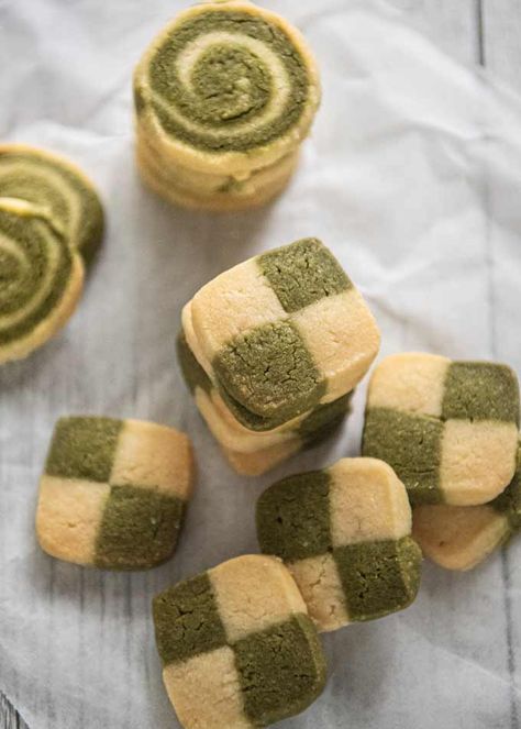 Japanese Shortbread Cookies, Matcha Baked Goods, Icebox Cookie Recipe, Checkerboard Cookies, Tin Eats, Petite Fours, Japanese Cookies, Butter Cookie Dough, Icebox Cookies