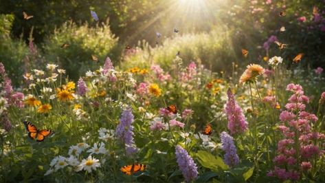 Dreamy summer garden landscape wallpaper filled with blooming flowers, buzzing bees, and fluttering butterflies, all bathed in the soft glow of the morning sun. Wildflower Wallpaper Desktop, Meadow Desktop Wallpaper, Blurry Desktop Wallpaper, Flower Field Horizontal, Large Desktop Wallpaper, Garden Wallpaper Desktop, Nature Landscape Wallpaper Desktop, Landscape Wallpaper Desktop Hd, Garden Aesthetic Wallpaper