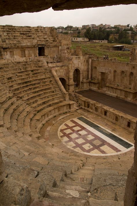 North Theater, Jerash, Jordan.The theatre was built during the reign of Emperor Marcus Aurelius (Antoninus Pius' successor) most likely to be used as a odeon, a covered hall for poetry contests and music as indicated by the reliefs (and not for combats of wild beasts as Burckhardt supposed). Jerash Jordan, Travelling Asia, Antoninus Pius, The Theatre, Marcus Aurelius, Ancient History, Asia Travel, Reign, Monument Valley