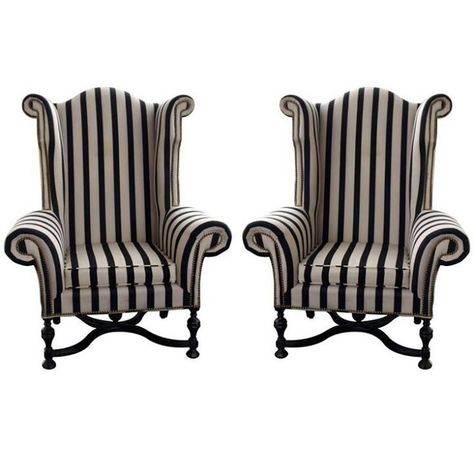 Beetlejuice/Tim burton-esque Wing Chairs, Striped Chair, Gothic Furniture, Unfortunate Events, Goth Home, Gothic Home, Gothic Decor, Black And White Stripes, Gothic Home Decor