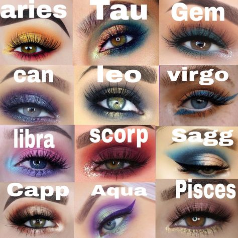 Zodiac sings make up eyes Zodiac Sign Eye Makeup Chart, Capricorn Eye Makeup, Zodiac Signs Eye Makeup, Zodiac Signs Makeup Looks, Zodiac Makeup Chart, Zodiac Makeup Looks, Zodiac Signs Makeup, Capricorn Makeup, Hairstyles Zodiac Signs