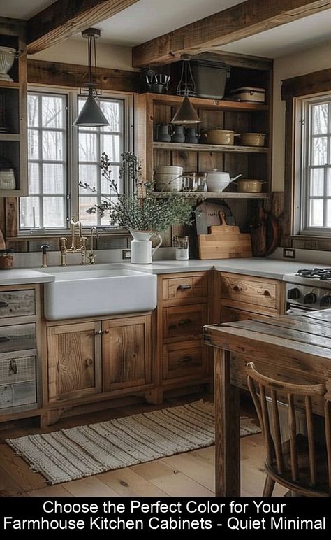 Is it true that white is the only way to achieve the quintessential farmhouse kitchen look? While white cabinets certainly offer a timeless and versatile Old Farmhouse Interior, Minimal Farmhouse, Meadow House, Old Farmhouse Kitchen, Cozy Farmhouse Living Room, Rustic Kitchens, Farmhouse Living Room Ideas, Chic Home Design, Elegant Kitchen Design