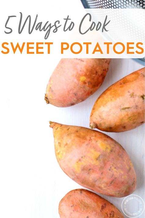 How to Cook Sweet Potatoes in the oven, microwave, slow cooker, and air fryer! Get healthy, and delicious sweet potato recipes plus learn everything you need to know about the nutrition and health benefits of this budget-friendly vegetable in this ultimate sweet potato guide! #sweetpotatoes #healthyeating Ways To Cook Sweet Potatoes, Cooking Yams, Best Sweet Potato Recipes, Sweet Potatoes In The Oven, Good Sweet Potato Recipe, Potatoes In The Oven, Whipped Sweet Potatoes, Sweet Potato Seasoning, Sweet Potato Benefits