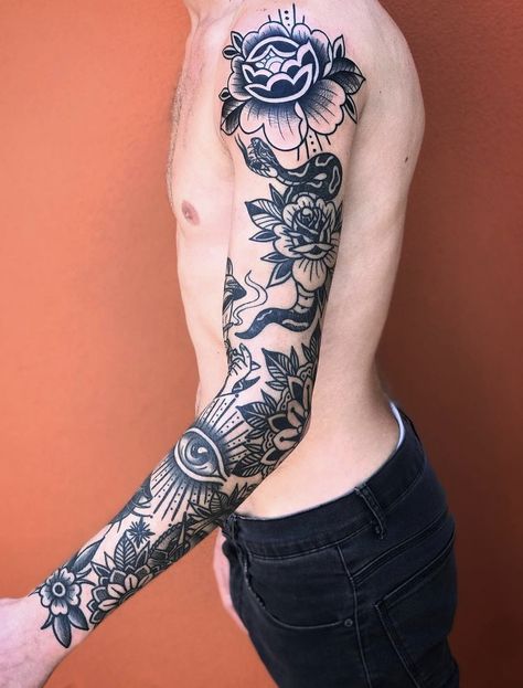 Forearm Sleeve American Traditional, Tattoo Sleeve Men Traditional, Justice Traditional Tattoo, Neo Traditional Sleeve Black, Gold And Black Tattoo, American Traditional Tattoo Sleeve Black, Traditional Arm Sleeve Tattoo, Hippocrates Tattoo, Trad Patchwork Sleeve