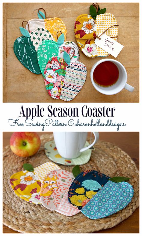 DIY Quilted Apple Coasters Free Sewing Patterns | Fabric Art DIY Autumn Sewing Projects, Syprosjekter For Nybegynnere, Sew Gifts, Kitchen Sewing, Sharon Holland, Quilted Coasters, Mug Rug Patterns, Fall Sewing, Apple Season