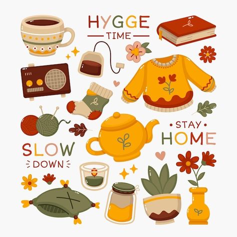 Hygge Stickers, Hygge Illustration, Portfolio Illustration, Books Design, Autumn Tea, Autumn Illustration, Pola Sulam, 자수 디자인, Wow Art