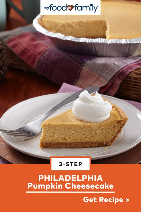 Mix, pour, and bake—that's all you have to do for this tasty PHILADELPHIA 3-STEP Pumpkin Cheesecake! This delicious dessert is great for the holidays and is easy to make with PHILADELPHIA Cream Cheese, canned pumpkin, cinnamon, nutmeg, graham cracker crumb crust, and COOL WHIP. Cheesecake Philadelphia, Cheesecake Pumpkin, Philadelphia Cheesecake, No Bake Pumpkin, Bake Pumpkin, No Bake Pumpkin Cheesecake, Pumpkin Cheesecake Recipes, Easy Cheesecake Recipes, Homemade Pumpkin