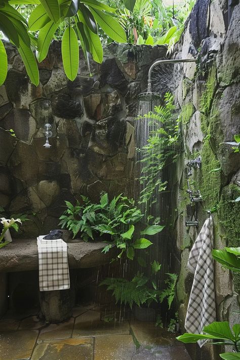 10+ Stunning Outdoor Shower Ideas to Elevate Your Backyard - Vividly Aesthetic Outdoor Shower Stone Wall, Checkered Towels, Outdoor Toilet And Shower, Outdoor Shower Inspiration, Outdoor Shower Ideas, Outside Showers, Indoor Outdoor Bathroom, Outdoor Bathtub, Outdoor Bathroom Design