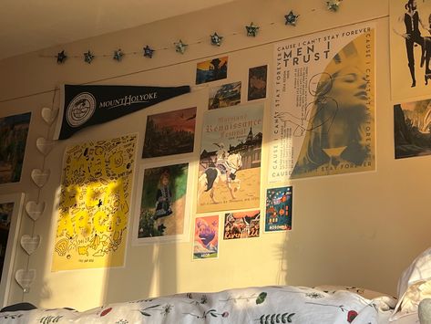 Moving Into Dorm Aesthetic, Common Room Dorm Decor, College Dorm Room Inspo Boho, Dorm Mood Lighting, Vinyl Dorm Decor, Colorado Room Aesthetic, Mount Holyoke College Dorm, Dorm Room With Posters, Retro College Dorm