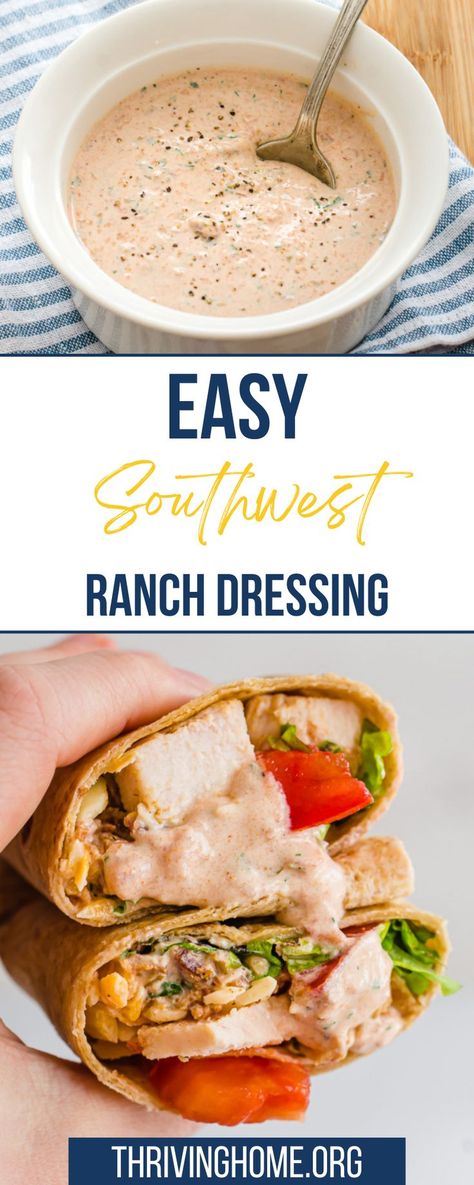 A little creamy, a hint of spicy, and 100% delicious, this homemade southwest ranch dressing takes minutes to throw together and is super versatile. When time allows, you’ll find that making your own simple dressing at home, like this southwest ranch dressing, is not only better for you, but also tastes fresher and more complex. Easy Southwest Ranch Dressing, Southwest Ranch Dressing Recipe, Southwest Ranch Dressing, Dip For Veggies, Southwest Ranch, Spicy Ranch Dressing, Healthy Ranch Dressing, Southwest Chicken Salad, Ranch Dressing Recipe