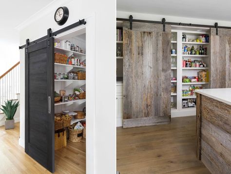 Rustic Farmhouse Pantry, Cool Pantry, White Kitchen Pantry Cabinet, Rental Remodel, White Kitchen Pantry, Rustic Pantry, Irish Kitchen, Barn Door Pantry, White Pantry