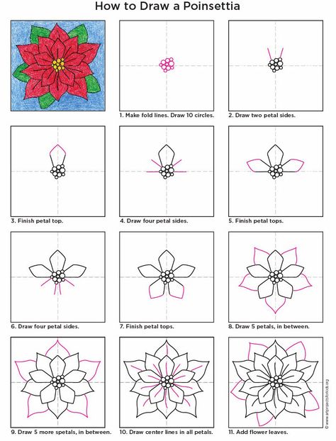 How to draw a Poinsettia. PDF tutorial available. #poinsettia #howtodraw #artprojectsforkids Draw A Poinsettia, Trin For Trin Tegning, Classe D'art, Christmas Art Projects, Winter Art Projects, 4th Grade Art, Art Projects For Kids, Poinsettia Flower, Homeschool Art