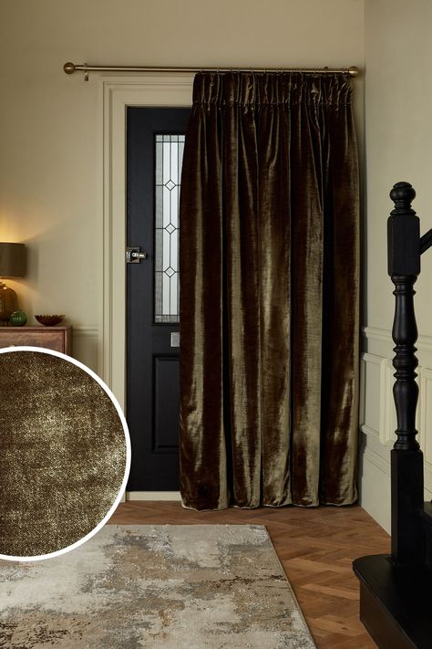 Thermal Curtains For Doors, Hall Door Curtains, Velvet Door Curtain, Curtain Over Doorway, Small Room Curtains, Moody Living Room Curtains, Curtain Door Ideas, Portiere Curtains, Front Door Curtain Ideas