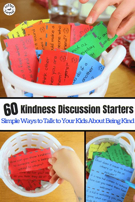 Kindness Discussion Starters to use with your kids to talk about how to be kind #raisingkindkids #raisinghelpers #raisekindkids #kindkids #kidswhoarehelpers #beanincluder #goodfriend #discussionstartes #familydinner #familytime #coffeeandcarpool Social And Emotional Activities For Kids, Kindness Week Activities, Kindergarten Kindness, Empowerment Event, Kindness Week, Kindness Projects, Kindness Challenge, Kindness Activities, Discussion Starters