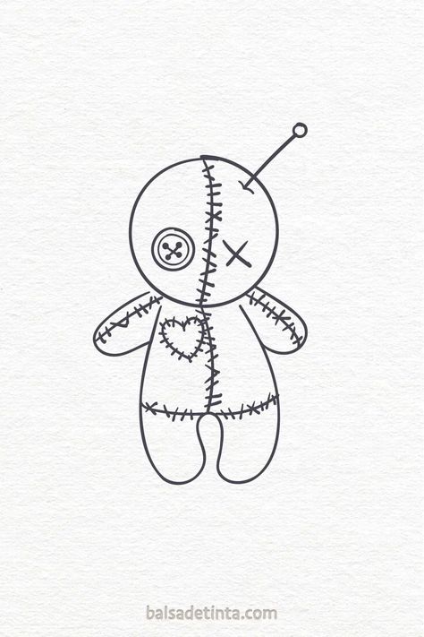 Muñeco de trapo con costuras visibles, un botón como ojo y un alfiler en la cabeza. Voodoo Doll Painting, Voodoo Doll Tattoo Cute, Voodoo Doll Drawing, Halloween Things To Draw, Voodoo Doll Tattoo, Spooky Pictures, Scary Characters, Doll Tattoo, Doll Drawing