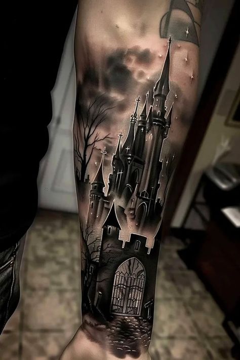 Tattoo idea: tattoo sketch The silhouette of a castle rises against Gothic Black And Grey Tattoos, Edward Scissorhands Castle Tattoo, Maleficent Castle Tattoo, Dark Castle Tattoo Design, Dracula Castle Tattoo, Haunted Castle Tattoo, Dark Castle Tattoo, Dark Fantasy Tattoo Ideas, Cathedral Tattoo Design