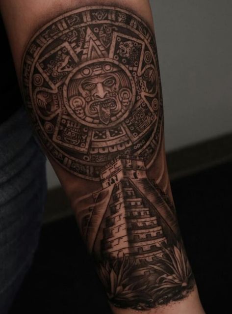 Aztec Leg Tattoo Men, Aztec Tattoo Mexican Forearm, Aztec Forearm Tattoo For Men, Mayan Pyramid Tattoo, Aztec Leg Tattoo, Mexican Tattoo Ideas For Men Aztec, Aztec Tattoo Designs For Men, Aztec Pyramid Tattoo, Mexican Sleeve Tattoo