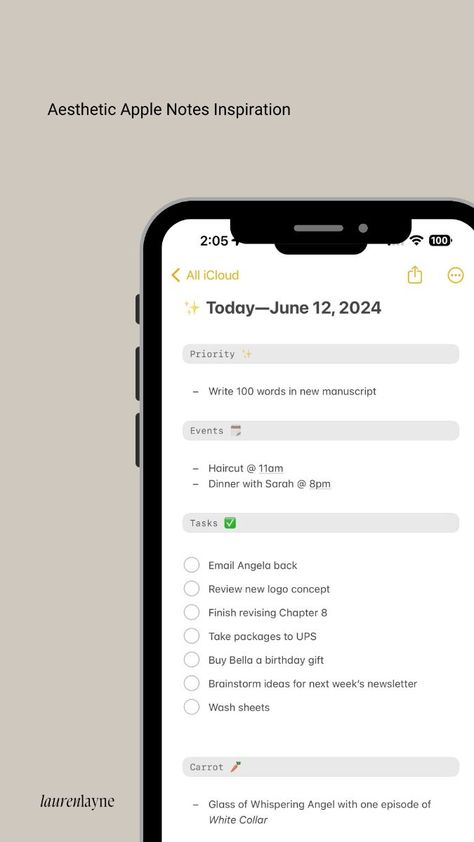 Aesthetic Apple Notes Inspiration plannersociety #travelbudgetplanner #planneressentialsbundle #todoplanner📖 Iphone Notes Ideas Aesthetic, To Do List Wallpaper Iphone, Aesthetic Apple Notes, Apple Notes Templates, Apple Notes Organization, Notes App Aesthetic Iphone, Productive Iphone Layout, Apple Notes Ideas, Reminders App Aesthetic