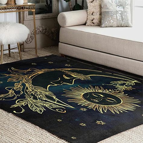 Sun Moon And Stars Bedroom Ideas, Sun And Moon Rug, Celestial Bedroom Ideas, Moon And Star Bedroom Ideas, Sun And Moon Bedroom, Celestial Rug, Astrology Room, Sun Bedroom, Celestial Bedroom