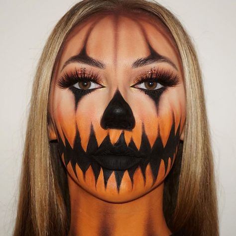 Pumpkin Faces Makeup Ideas, Pumpkin Face Makeup Men, Scary Pumpkin Halloween Makeup, Jack O Lantern Makeup Pretty, Black And Orange Halloween Makeup, Pumpkin Face Paint Women, Halloween Pumpkin Makeup Looks, Scary Pumpkin Face Makeup, Sam From Trick Or Treat Makeup