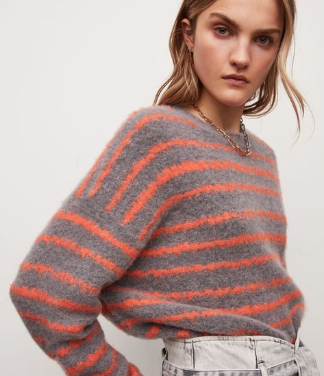 Striped Knitwear, Jacquard Sweater, Orange Sweaters, Jumper Shirt, Fashion Week Street Style, Knit Fashion, 2024 Collection, Mini Fashion, Crewneck Sweater