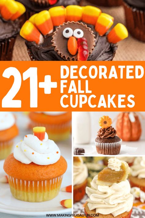 If you need some fall cupcake decorating ideas, these are some of the cutest! Make cupcakes into turkeys, apples. pumpkins and more! Fall Cupcake Decorating Ideas | Fall Cupcake Ideas | Fall Cupcakes | Cupcakes for Fall | Fall Dessert Ideas | Making Frugal Fun October Cupcakes Ideas, Kids Thanksgiving Cupcakes, Decorating Halloween Cupcakes, Cupcake Recipes Fall, Thanks Giving Cupcakes Decoration, Fun Fall Cupcakes, Pumpkin Cupcake Decorating Ideas, Decorating Mini Cupcakes, Thanksgiving Cupcakes Recipes