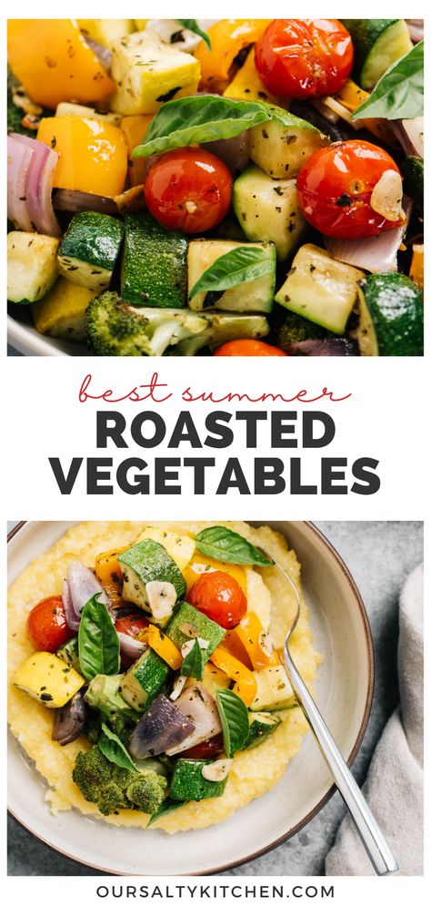 Oven roasting is the perfect cooking method for summer vegetables. Sheet pan roasting on separate baking sheets ensures each vegetable is roasted to perfection. Serve these easy roasted summer vegetables as a side dish with with your favorite grilled protein for a low carb or paleo dinner, or keep it vegan and plant based by tossing with pasta or polenta. #summerrecipes #vegan #plantbased #sidedish Sheet Pan Roasted Vegetables, Pan Roasted Vegetables, Roasted Summer Vegetables, Roasted Veggies In Oven, Veggie Side Dish Recipes, Oven Vegetables, Fermented Veggies, Roasted Vegetables Oven, Summer Vegetables