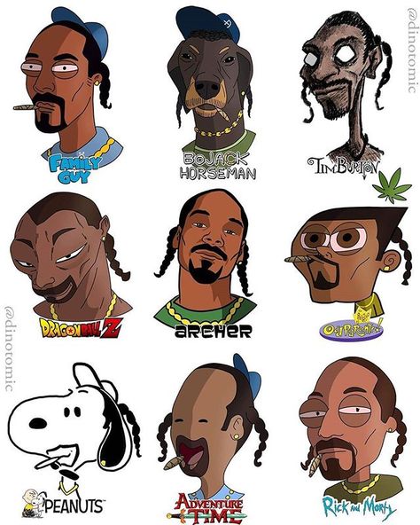 Snoop Dogg drawn in 9 different styles! by @dinotomic⠀ 🔥Follow us @usemuzli for more...🔥⠀ Tag a friend who would like this!😊⠀ Use #muzli to get featured on @usemuzli⠀ .⠀ .⠀ .⠀ .⠀ #conceptart #drawing #illustration #art #digitalart #illustrationtoday #sketch #inspiration #creativity #color #graphicdesign #muzli #Illustration #design #Drawing Gotik Tattoo, Dope Cartoons, Hip Hop Artwork, Art Style Challenge, Instagram Jokes, Rapper Art, Image Swag, Snoop Dog, Swag Cartoon