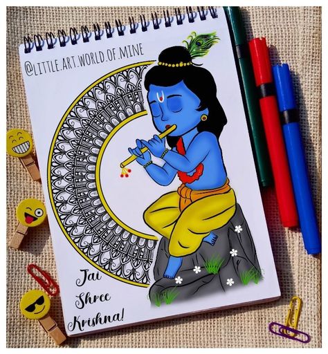 Krishna 💙 dm me to order @little.art.world.of.mine Shri Krishna Paintings Easy, Janamashtmi Drawings, Krishna Journal Ideas, Krishna Drawing Mandala, Cute Little Krishna Drawing, Shri Krishna Drawing, Cute Krishna Drawing, Krishna Illustration, Krishna Mandala Art