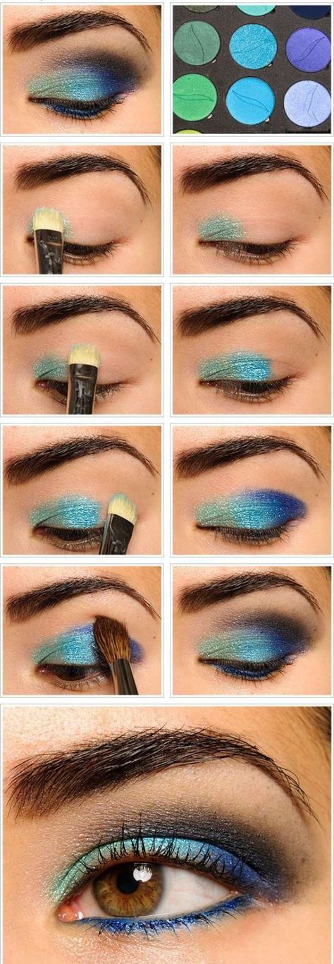 Maquillage bleu pailleté. 15 tutos de maquillages pour les yeux que vous allez adorer 80s Eye Makeup, Peacock Eye Makeup, Make Up Mata, Easy Eye Makeup Tutorial, Eyeliner Tips, Trendy Eyeshadow, Easy Makeup Tutorial, Smink Inspiration, Simple Eye Makeup