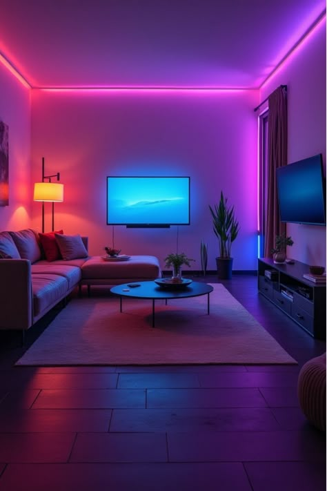 High-tech living room with color-changing smart lighting Rgb Lighting Ideas Living Room, Led Light Room Ideas Aesthetic, Lounge Style Living Room, Rgb Living Room, Mood Lights Living Room, Govee Led Light Ideas, Warm Lighting Aesthetic, Living Room With Lights, Mood Lighting Aesthetic