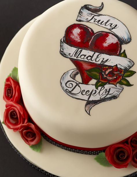 Love Tattoo Cake - how to                                                                                                                                                     More Tattoo Cake Ideas, Tattoo Cake, Charm City Cakes, Artist Cake, Cake Decorating With Fondant, Love Tattoo, Bird Cakes, Valentines Day Cakes, Valentine Cake